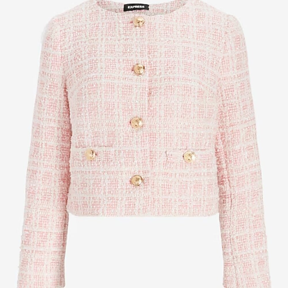 Express Plaid Boucle Tweed Blazer Jacket Pink and White Size L